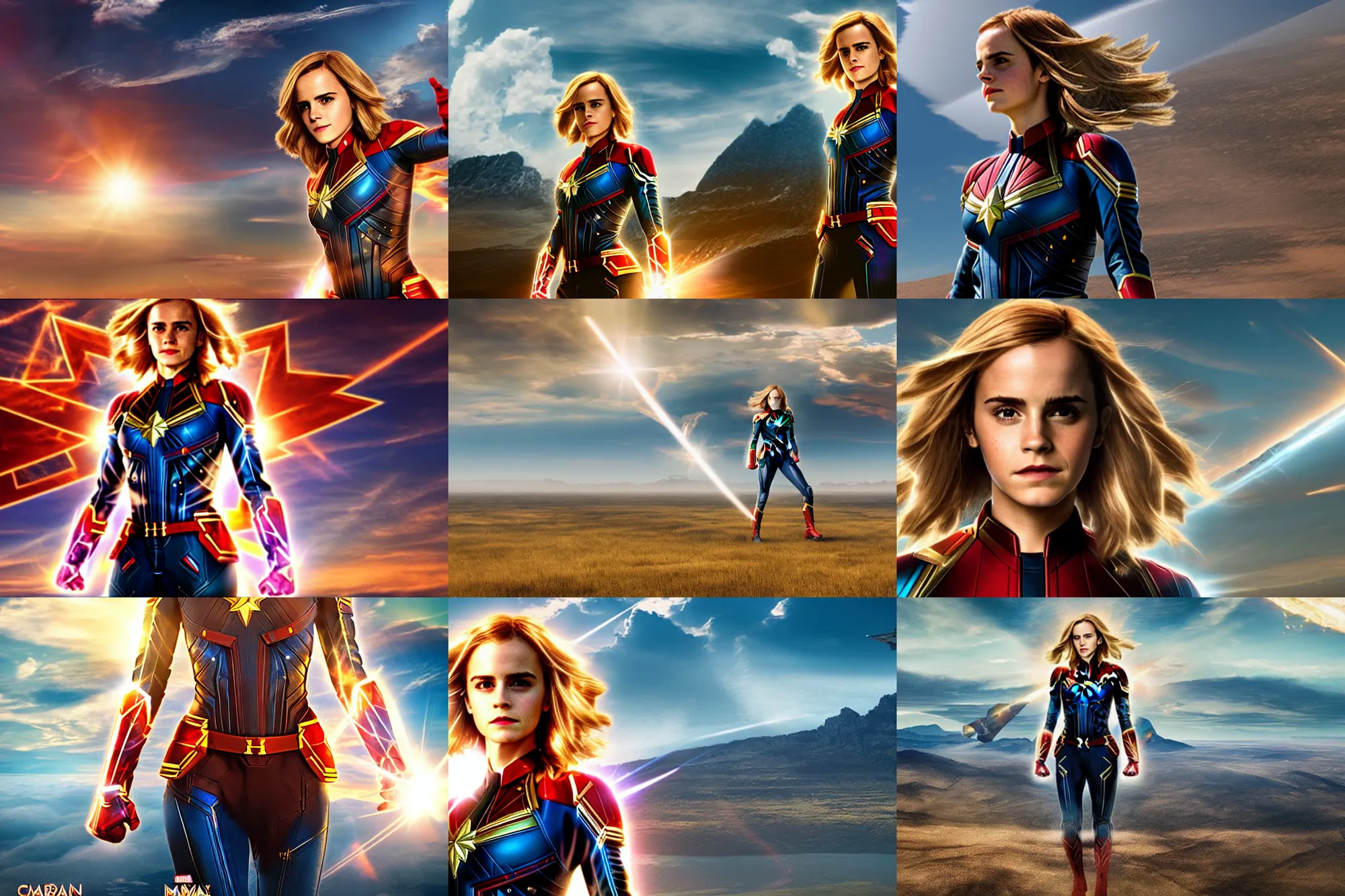 Prompt: emma watson as captain marvel, hd aerial photography, high altitude, clouds and fields in background, lens flare