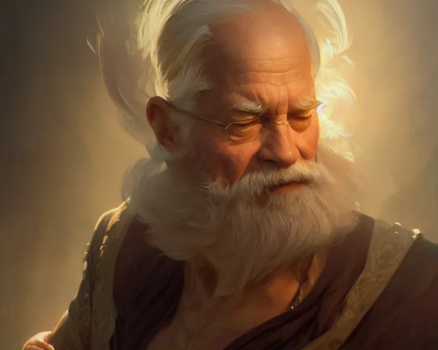 Image similar to an old man floating, deep focus, d & d, fantasy, intricate, elegant, highly detailed, digital painting, artstation, concept art, matte, sharp focus, illustration, hearthstone, art by artgerm and greg rutkowski and alphonse mucha