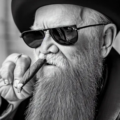 Image similar to billy gibbons smoking a cigar, ( sony a 7 r iv, symmetric balance, polarizing filter, photolab, lightroom, 4 k, dolby vision, photography awardm, voque, perfect face )