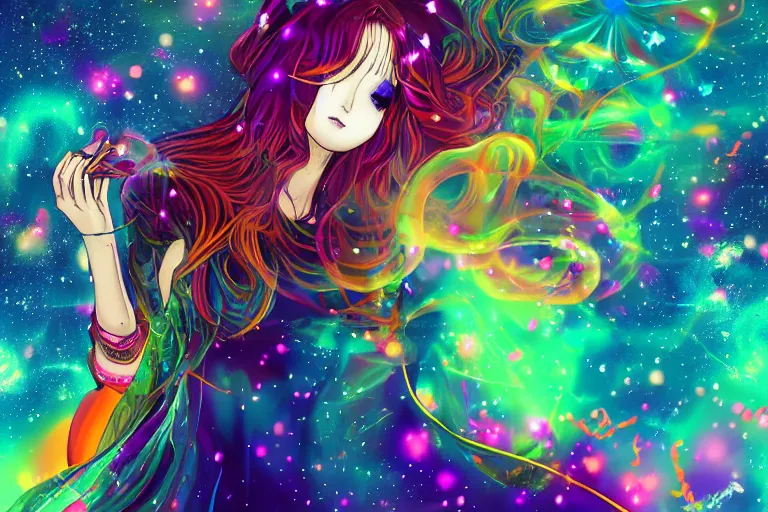 Image similar to psychedelic, full body, whimsical, anime, 4k, beautiful intimate woman blowing smoke, with professional makeup, long trippy hair, a crystal and flower dress, sitting in a reflective pool, surrounded by gems, underneath the stars, rainbow fireflies, trending on patreon, deviantart, twitter, artstation, volumetric lighting, heavy contrast, art style of Ross Tran and Viktoria Gavrilenko and Ilya Kuvshinov