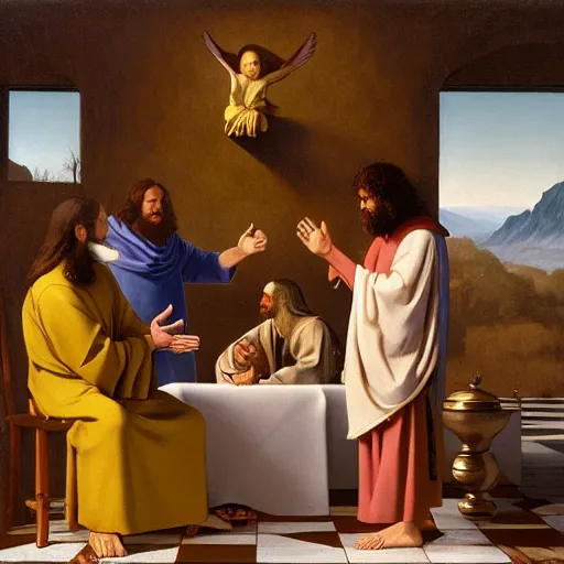 Image similar to Jesus Blessing the disciples, epic, heavenly, by Ted Nasmith, by ansel adams, by Bob Ross, by johannes Vermeer