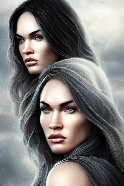 Image similar to majestic and regal portrait of megan fox female white raven, dc universe, perfect face, beautiful, intricate, epic, elegant, fantasy, highly detailed, digital painting, hard focus, beautiful volumetric lighting, epic light, ultra detailed, by leesha hannigan, ross tran, thierry doizon, kai carpenter, ignacio fernandez rios