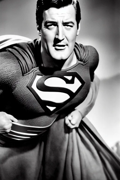 Image similar to rock hudson playing superman in, superhero, dynamic, 3 5 mm lens, heroic, studio lighting