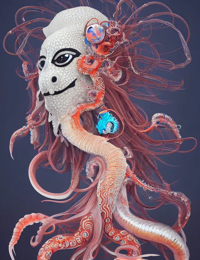 Image similar to 3 d goddess squid half - turn portrait with long hair with ram skull. beautiful intricately detailed japanese crow kitsune mask and clasical japanese kimono. betta fish, jellyfish phoenix, bio luminescent, plasma, ice, water, wind, creature, artwork by tooth wu and wlop and beeple and greg rutkowski