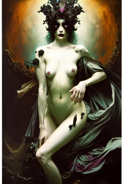 Image similar to baroque oil painting of full body vampire princess portrait, by nekro, peter mohrbacher, alphonse mucha, brian froud, yoshitaka amano, kim keever, victo ngai, james jean