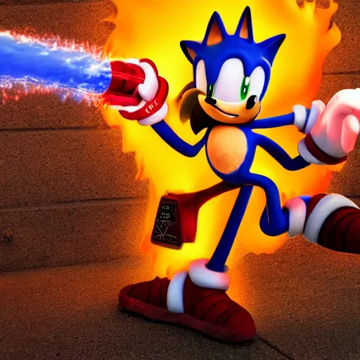 Image similar to Sonic the hedgehog with a flamethrower, award winning photograph, digital art, powerful flamethrower