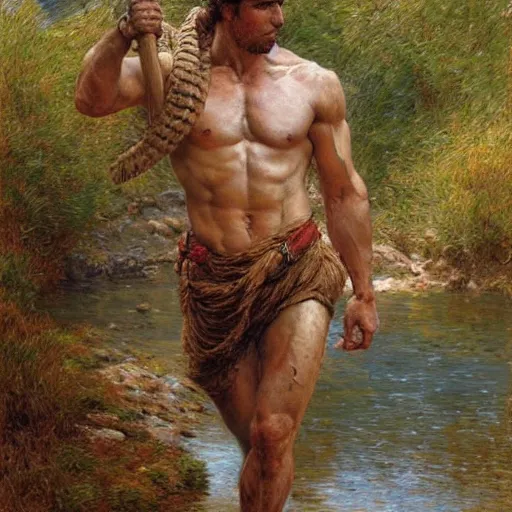 Prompt: young shepherd by a river, playful, male, muscular, detailed face, gorgeous, amazing, muscular, intricate, highly detailed, painting by Gaston Bussiere, Craig Mullins