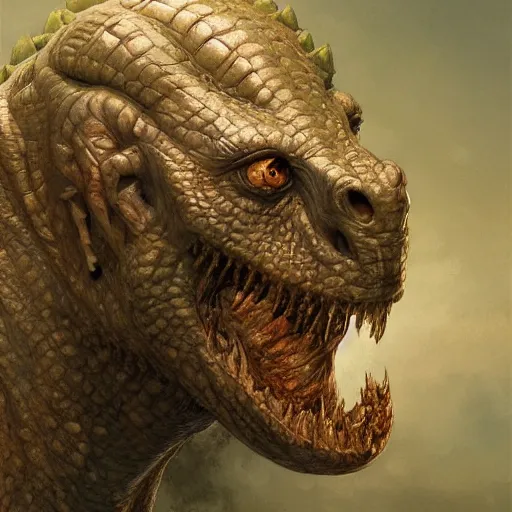 Image similar to vladimir putin, anthropomorphic bald prehistoric reptile, putin chimera, toothless, horror, macabre by donato giancola and greg rutkowski and wayne barlow and zdzisław beksinski, realistic face, digital art