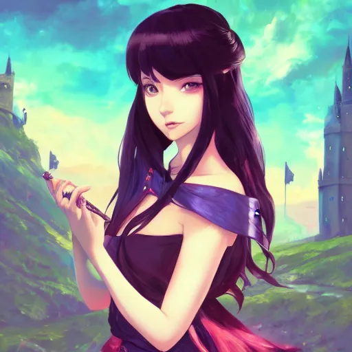 Prompt: portrait of a beautiful girl with dark hair, fantasy style clothing, castle interior background, rich vivid colors, ambient lighting, dynamic lighting, 4k, official media, anime key visual, makoto shinkai, ilya kuvshinov, lois van baarle, rossdraws, detailed, trending on artstation