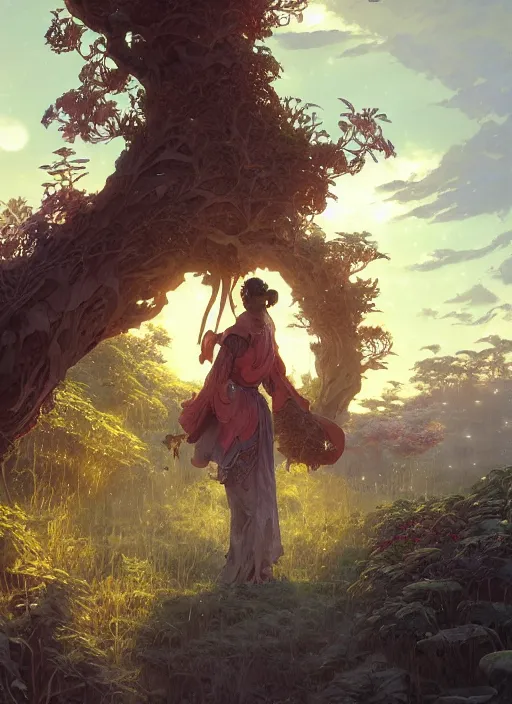 Image similar to highly detailed cultivator, stephen bliss, unreal engine, wuxia art by greg rutkowski, loish, rhads, ferdinand knab, makoto shinkai and lois van baarle, ilya kuvshinov, rossdraws, tom bagshaw, alphonse mucha, global illumination, radiant light, detailed and intricate environment