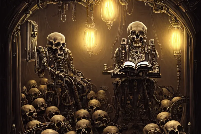 Prompt: Mechanicus Tech-Priest reading an old book in a room decorated with skulls, pile of skulls, skulls on the walls, fantasy, sci-fi, intricate, elegant, dramatic lighting, emotionally evoking symbolic metaphor, highly detailed, lifelike, photorealistic, digital painting, artstation, concept art, smooth, sharp focus, illustration, art by John Collier and Albert Aublet and Krenz Cushart and Artem Demura and Alphonse Mucha