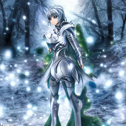 Image similar to portrait focus of knight beautiful 3D anime girl, silver armor wearing, dark forest background, snowing, bokeh, inspired by Masami Kurumada, digital painting, high contrast, unreal engine render, volumetric lighting, high détail