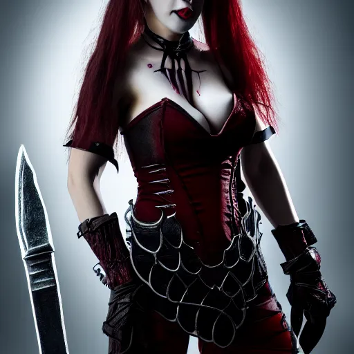 Prompt: photo of a real-life beautiful female vampire warrior, 4k, highly detailed