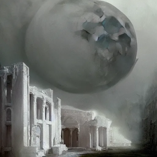 Image similar to Step out the front door like a ghost into the fog, Where no one notices the contrast of white on white, And in between the moon and you, The angels get a better view Of the crumbling difference between wrong and right, highly detailed matte painting