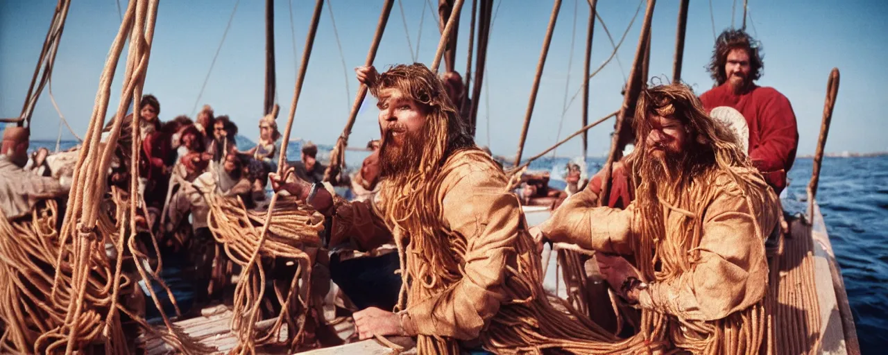 Prompt: vikings sailing on a boat filled with spaghetti, baltic sea, canon 5 0 mm, super detailed face, facial expression, cinematic lighting, photography, retro, film, kodachrome