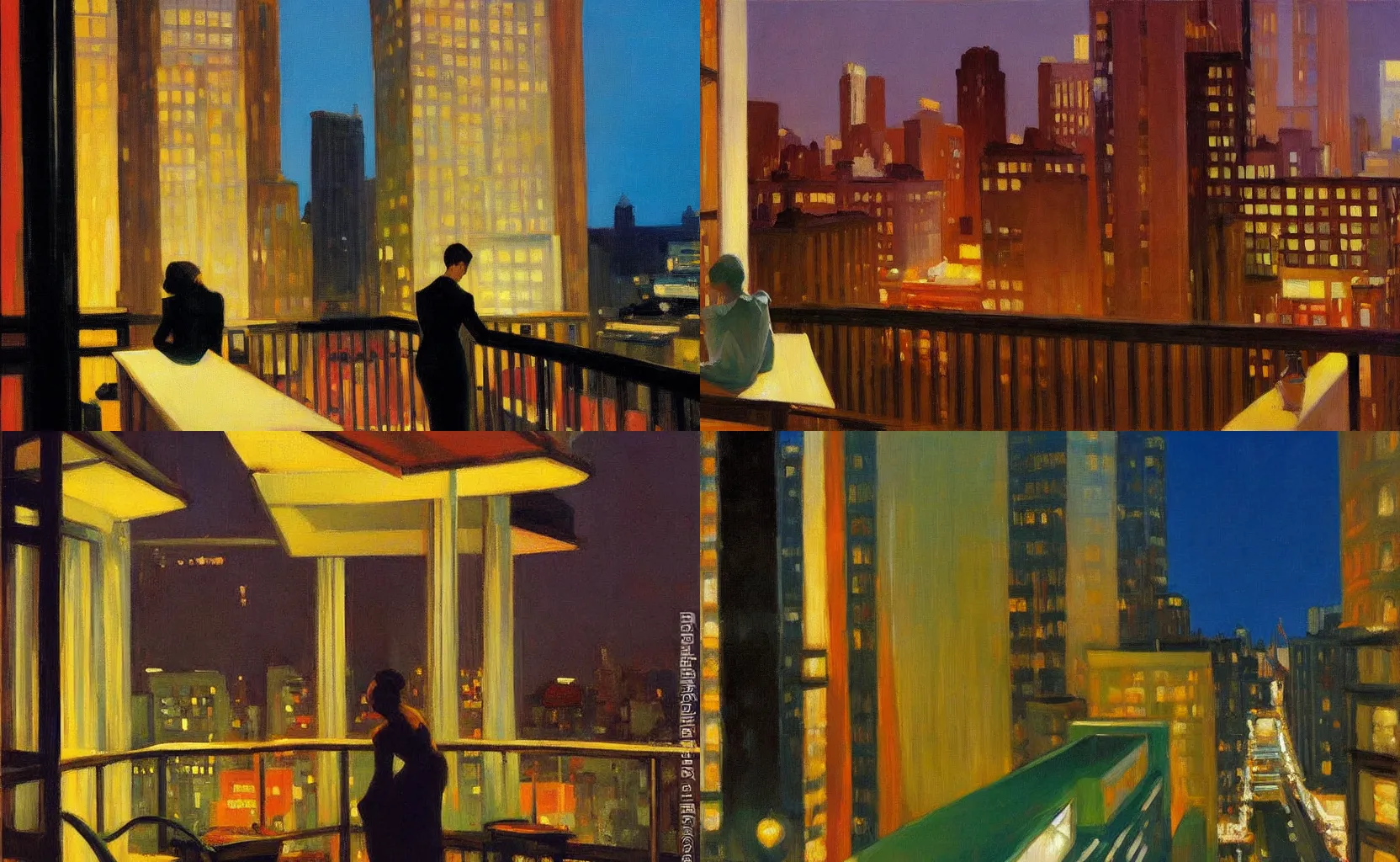 Prompt: a view of the sparkling cityscape at night by the balcony, painting by Ben Aronson and Edward Hopper