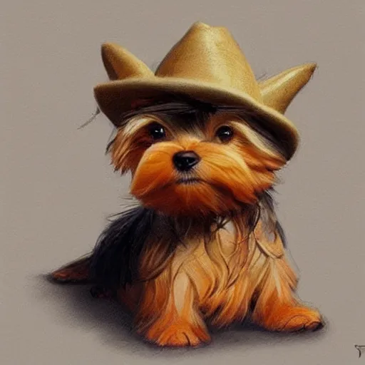 Image similar to The cutest yorkshire terrier wearing a fedora hat, concept art by Justin Gerard, trending on artstation