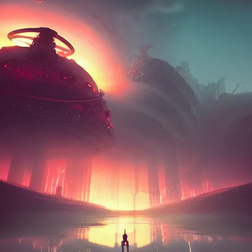 Image similar to beautiful landscape, nier automata, protoss temple!!!, machine planet, pink sun, advanced technology, cinematic lighting, highly detailed, masterpiece, art by bastien grivet