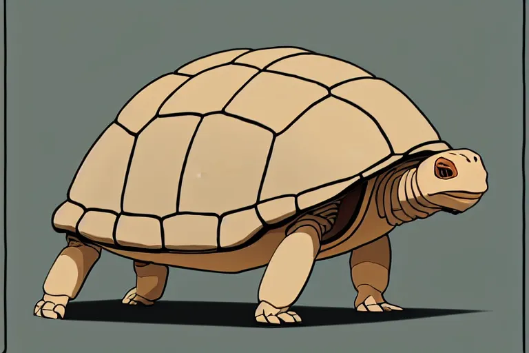 Prompt: a study of a cell shaded cartoon of a beige mechanical tortoise from howl's moving castle ( 2 0 0 4 ), at a gas station, full body, wide shot, very muted colors, post grunge, studio ghibli, laurie greasley, highly detailed, deviantart, art by artgem