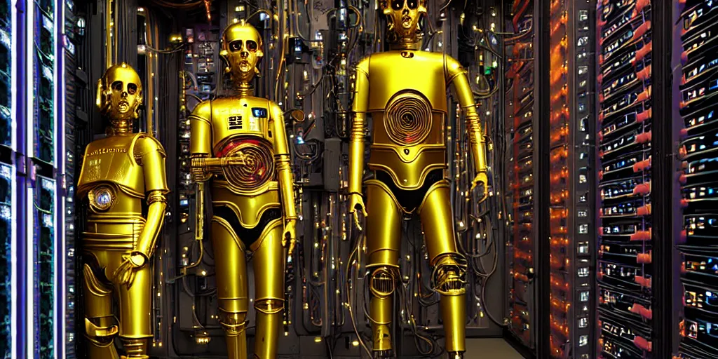 Image similar to c 3 po in big server room high details shot cyberpunk retrowave from movie