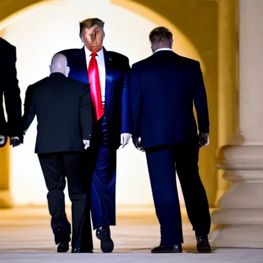 Image similar to Donald Trump in handcuffs escorted by two FBI agents at Mar-a-lago, photo, low angle