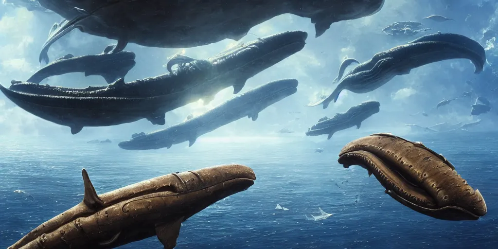 Image similar to Floating steampunk alien whales over a blue ocean, Darek Zabrocki, Karlkka, Jayison Devadas, Phuoc Quan, trending on Artstation, 8K, ultra wide angle, pincushion lens effect.