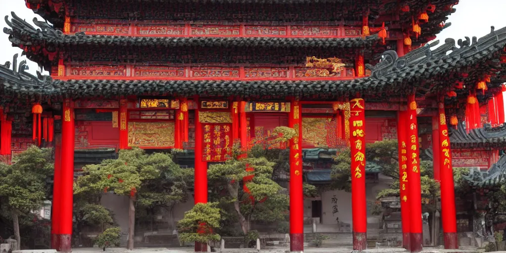 Image similar to a cyberpunk style chinese temple, detailed, atmospheric, 8 k