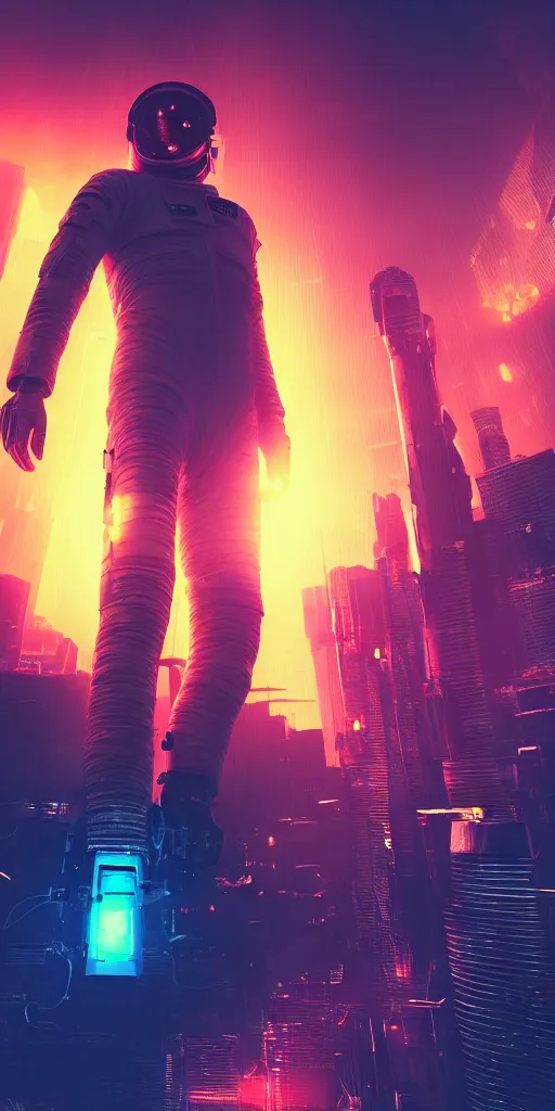 Prompt: professional photo of astronaut standing close to camera from low angle shot, cyberpunk, synthwave, blade runner, hyperrealistic masterpiece, trending on artstation, cgsociety, kodakchrome, golden ratio, cinematic, composition, beautiful lighting, hyper detailed, sharp focus, octane render, 4 k, unreal engine