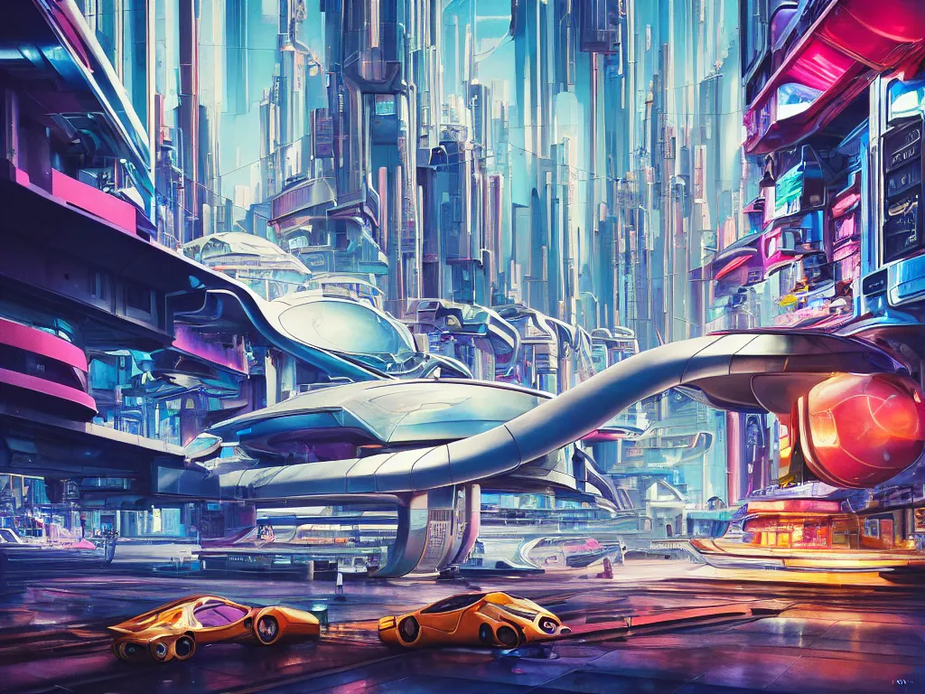 Prompt: hyperrealistic painting of a slice of life from a futuristic city, mechanical designs, technological, hi - tech engineering, art deco architecture, futuristic vehicles, vivid color, meticulous, cinematic style render, cyberpunk style, highly detailed, realism, intricate, acrylic on canvas, 8 k resolution, concept art, by noriyoshi ohrai, francesco di giorgio martini
