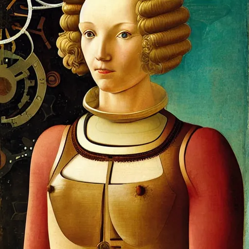 Image similar to portrait of steampunk female android, by fra angelico and sandro botticelli