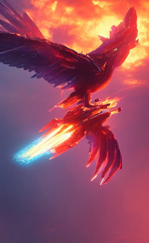 Image similar to a spaceship in the shape of a phoenix bird, robot, fire, ash, electricity lightning, furry, soft, concept art, sharp focus, intricate details, highly detailed, photorealistic, disney pixar, octane render, iridescent, anime, 8 k