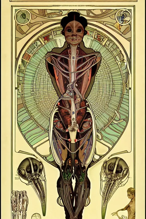 Image similar to anatomically accurate diagram of alien species, full body, intricate parts, fine details, hyper realistic, elegant minimalism, by seichen, alphonse mucha, surreal