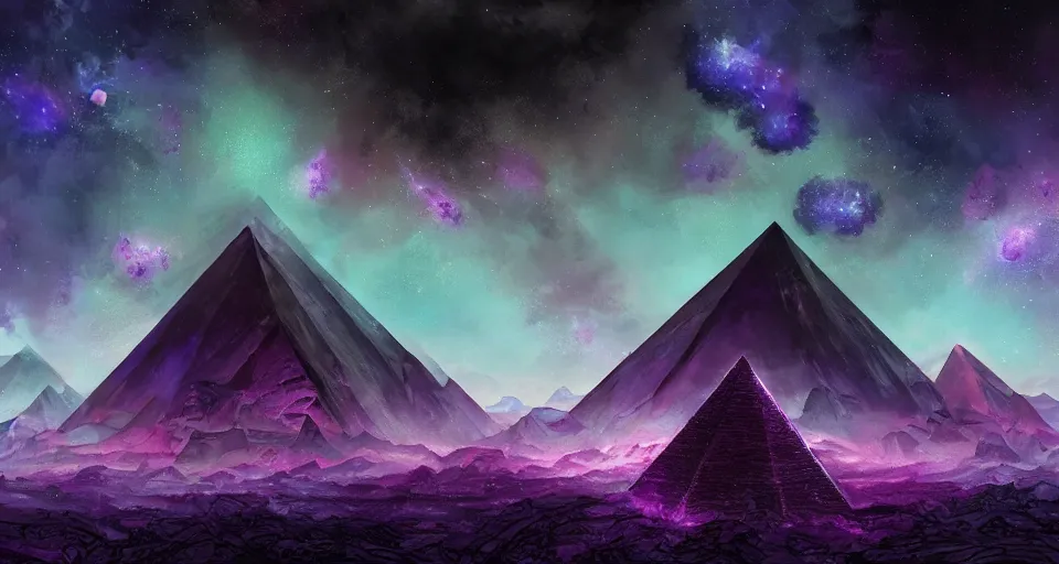 Prompt: black lovecraftian eldritch!! obsidian pyramid!! surrounded by black desert, cosmic purple space!, bright stars, nebula, sky background by eugene von guerard, ivan shishkin, night, cosmic brightly purple space stars, concept art, trending on artstation, 8 k