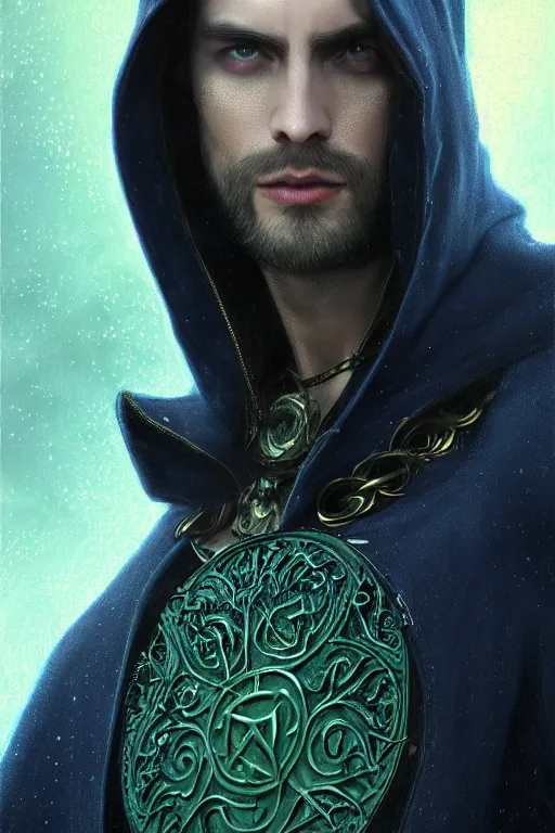 Image similar to ultrarealistic male mage face portrait fighting, long black hair blue eyes wearing leather mantle gothic navy cloak with leather details, green plants, fantasy character portrait, octane render, extreme intricate details, elegant, cinematic lighting, highly detailed, artstation, dnd art, cgsociety, sharp focus, beautiful digital painting by artgerm, gerald brom, wlop, alphonse mucha