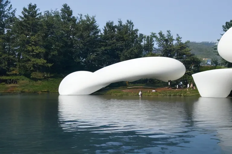 Image similar to a building formed by many multi - white egg - shaped spaces arranged and combined. on the calm lake, people's perspective