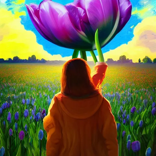 Image similar to girl with a giant tulip head, surreal photography, flower field, sunset dramatic light, impressionist painting, colorful clouds, blue sky, digital painting, artstation, simon stalenhag