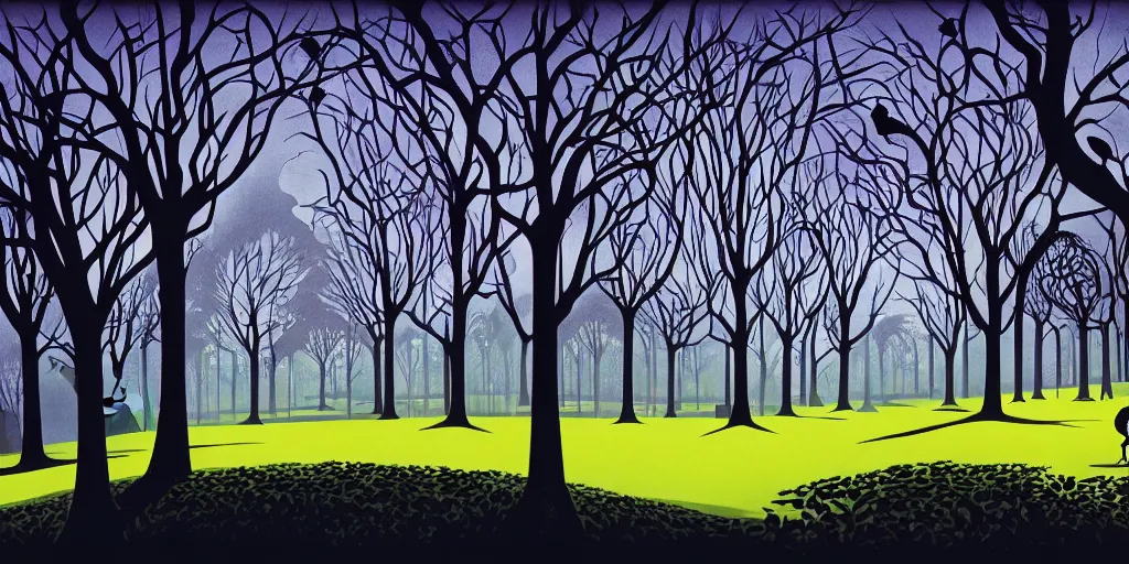 Image similar to park with gothic lanterns, gouache, animated film, stylised, illustration, by eyvind earle, scott wills, genndy tartakovski, syd mead