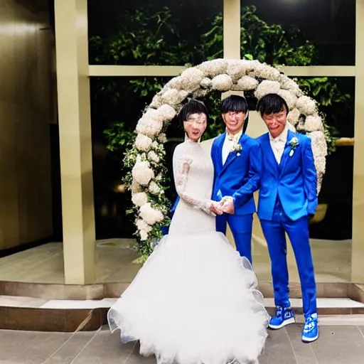 Image similar to cookie monster marrying justin sun, professional gay wedding photography