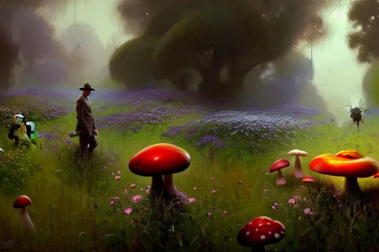 Prompt: surreal painting by craig mullins and greg rutkowski, garden wild flowers + poison mushrooms + long grass + garden dwarfs repairing giant mosquito + mystic fog, 6 0's vintage sci - fi style, rule of third!!!!, cinematic