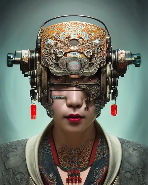 Image similar to portrait of a cyberpunk machine, machine face, upper half portrait, decorated with chinese opera motifs, asian, fine china, wuxia, traditional chinese art, intricate, elegant, highly detailed, symmetry, headpiece, digital painting, artstation concept art smooth sharp focus, illustration, art by artgerm and greg rutkowski alphonse mucha 8 k