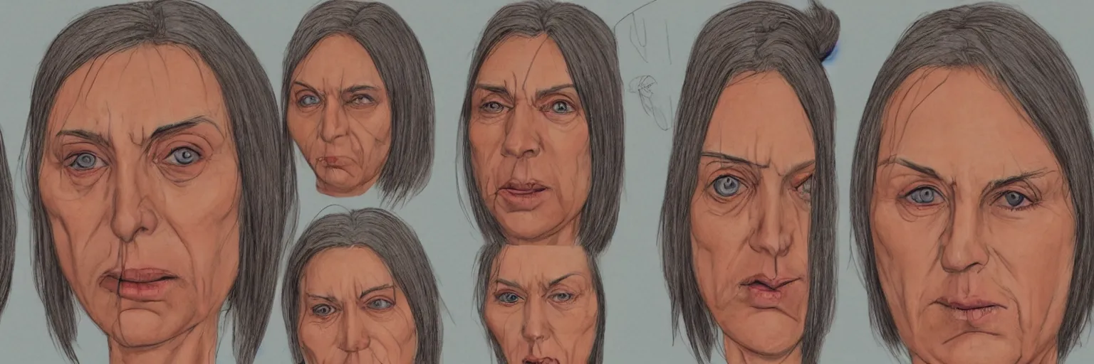 Image similar to colored pencils female character face study of iggy pop, fat woman, 5 5 yo, clear female iggy pop faces, emotional, character sheet, fine details, concept design, contrast, kim jung gi, pixar and da vinci, trending on artstation, 8 k, 3 6 0 head, turnaround, front view, back view, ultra wide angle