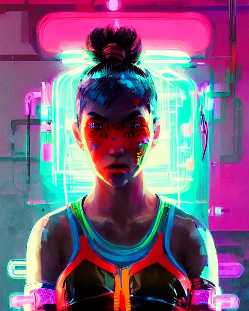 Image similar to detailed portrait Neon boxer Girl, cyberpunk futuristic neon, reflective crop top and shorts, boxing gloves, decorated with traditional Japanese ornaments by Ismail inceoglu dragan bibin hans thoma greg rutkowski Alexandros Pyromallis Nekro Rene Maritte Illustrated, Perfect face, fine details, realistic shaded, fine-face, pretty face