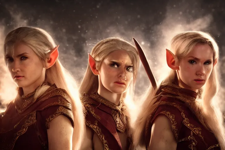 Image similar to a cinematic photograph of three female elf warriors, 8 k, ultra realistic, dramatic lighting, real faces, mist