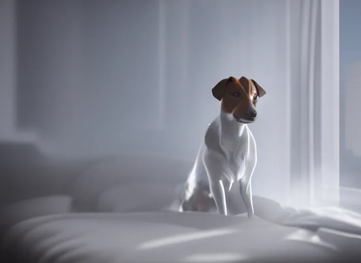 Image similar to photography of a Jack Russel watching outside the window on a bed in a 3d rendered white room, octane render, 3d, foggy, volumetric light, volumetric fog, photorealistic, unreal engine 5