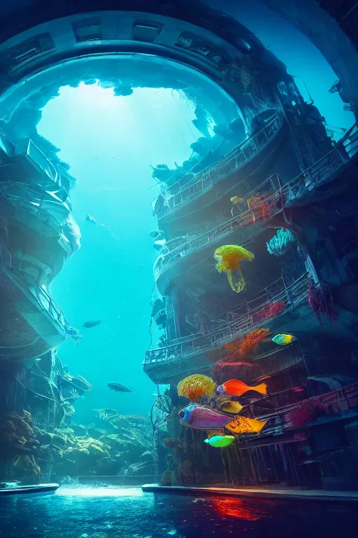 Image similar to high quality photo of cinematic underwater dystopian futurist city ruins with giant bioluminescent multicolored mutant fish and cyborg jellyfish, masterpiece, aykut aydogdu, very dramatic volumetric light, long shot, ground angle uhd 8 k, deep focus