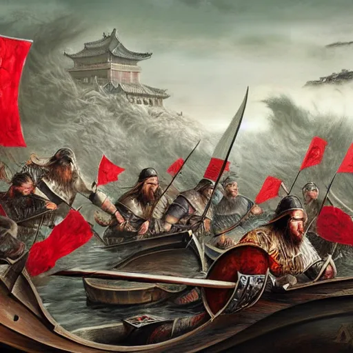 Image similar to an epic painting of vikings invading modern china, realistic, 4 k, 8 k, hyper detailed, oil on canvas, hd,