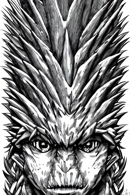 Image similar to pineapple humanoid figure monster, symmetrical, highly detailed, digital art, sharp focus, trending on art station, kentaro miura manga art style