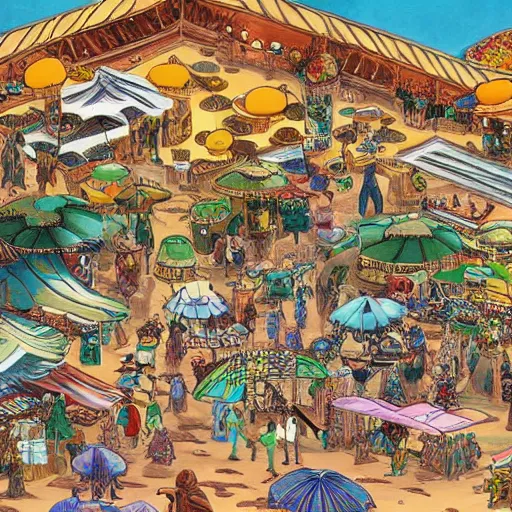 Prompt: a beautiful painting of a desert marketplace filled with alien people by hirohiko araki, detailed line art, jojos bizarre adventure