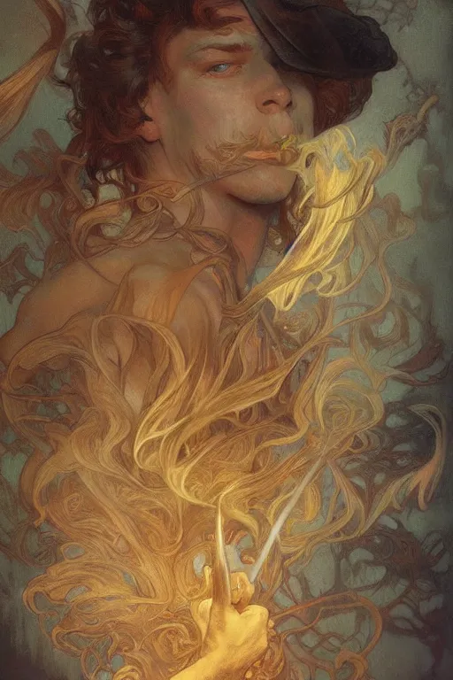 Image similar to young male magician, golden hair, 1920, fantasy, intricate, highly detailed, digital painting, artstation, concept art, smooth, sharp focus, art by Artem Demura and Alphonse Mucha, ArtGerm, Valentina Remenar, Gaston Bussiere, Cedric Peyravernay