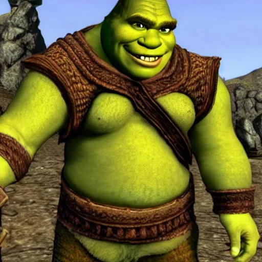 Image similar to shrek as the main character of skyrim